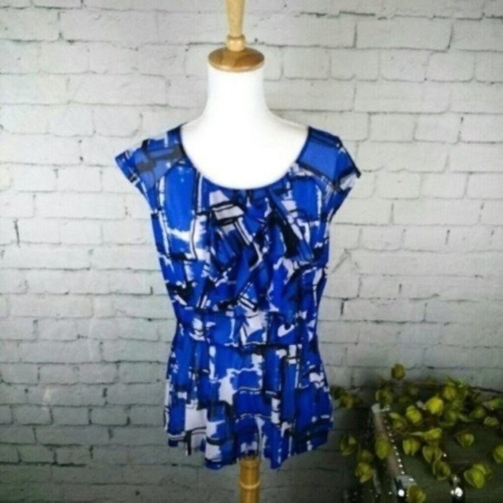 The Limited Abstract Ruffled Peplum Blouse Blue Large